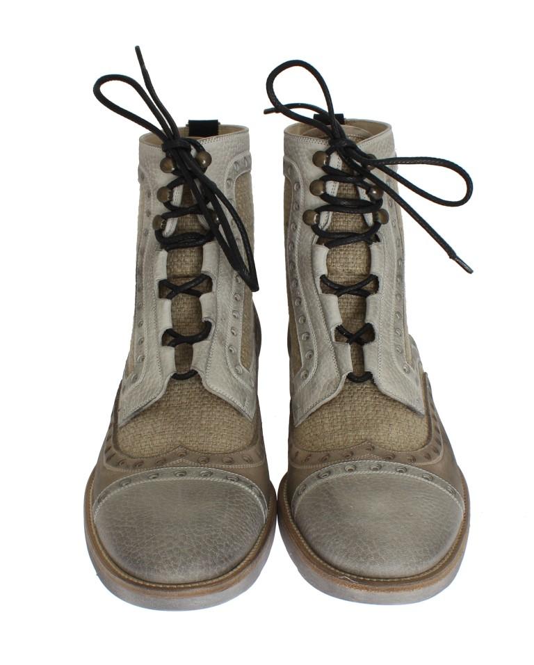 Beige Leather Linen Above Ankle Boots