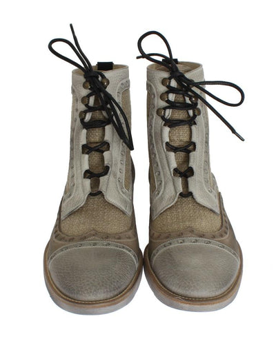 Beige Leather Linen Above Ankle Boots