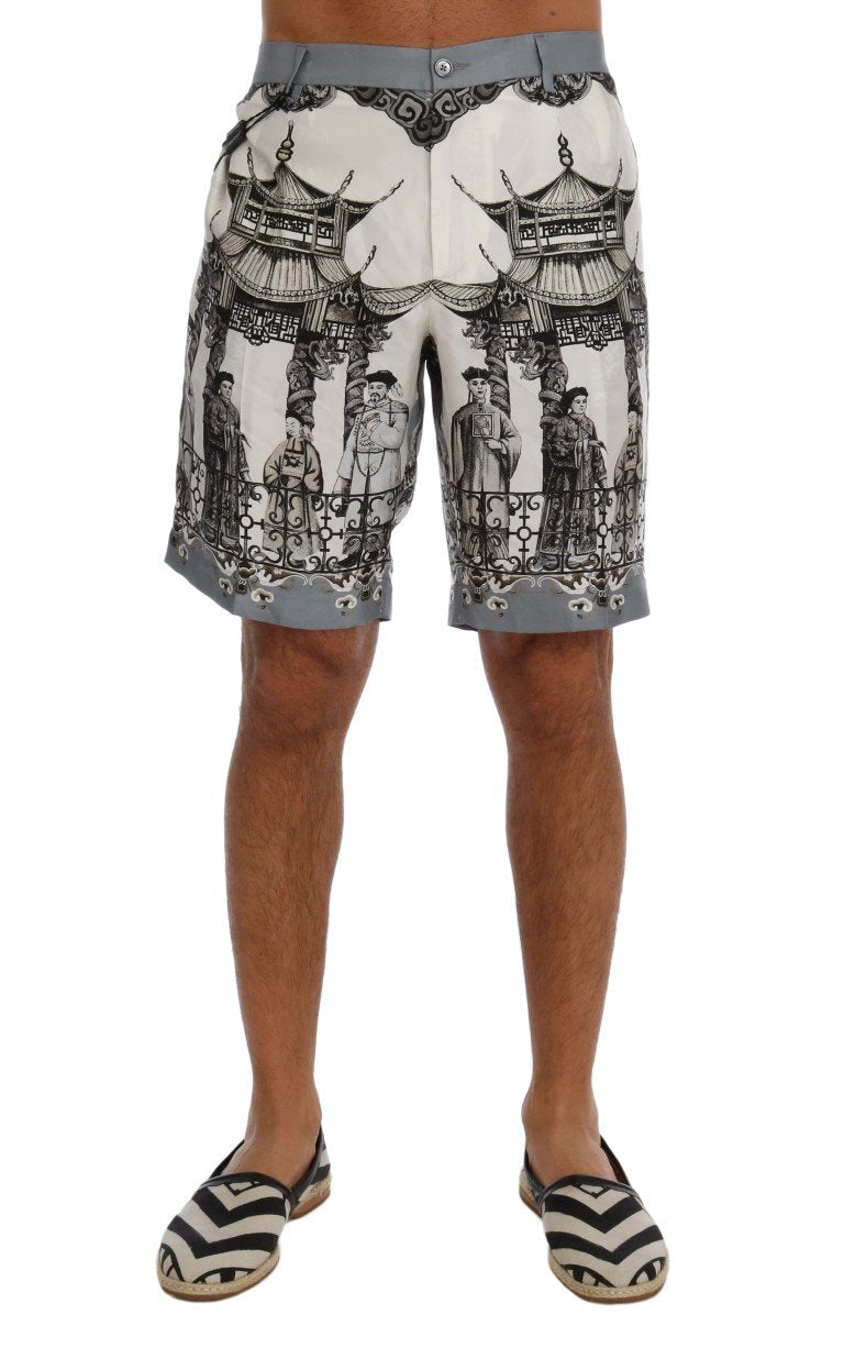 White Black Silk Chinoiserie Print Shorts