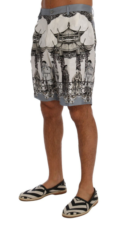 White Black Silk Chinoiserie Print Shorts