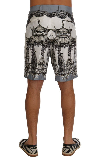 White Black Silk Chinoiserie Print Shorts