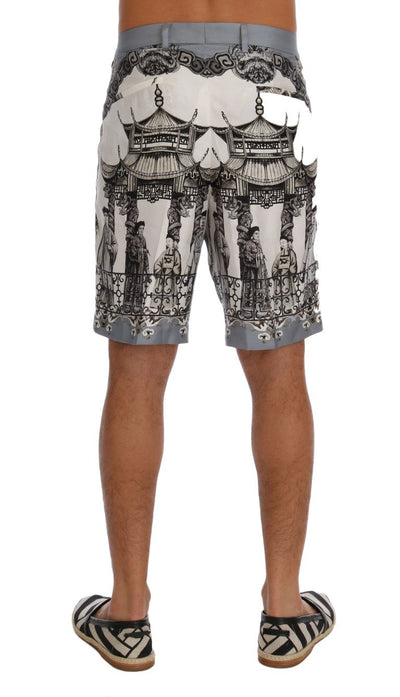 White Black Silk Chinoiserie Print Shorts