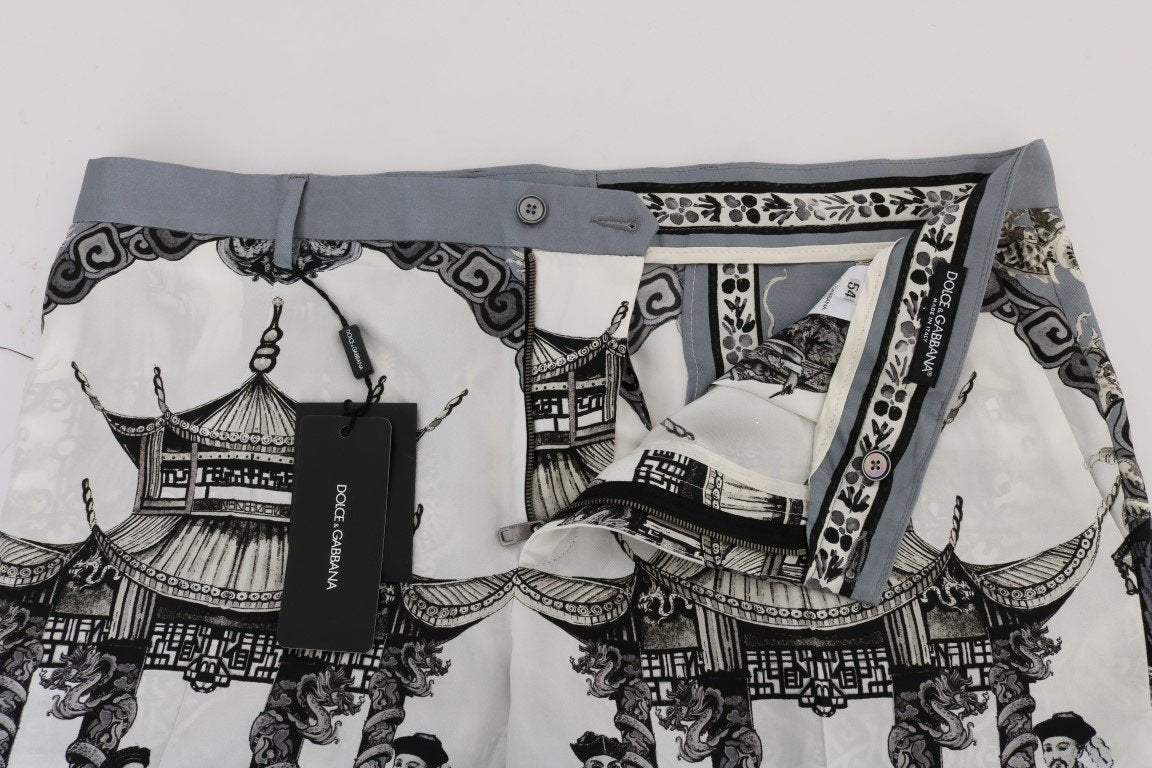White Black Silk Chinoiserie Print Shorts