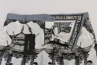 White Black Silk Chinoiserie Print Shorts