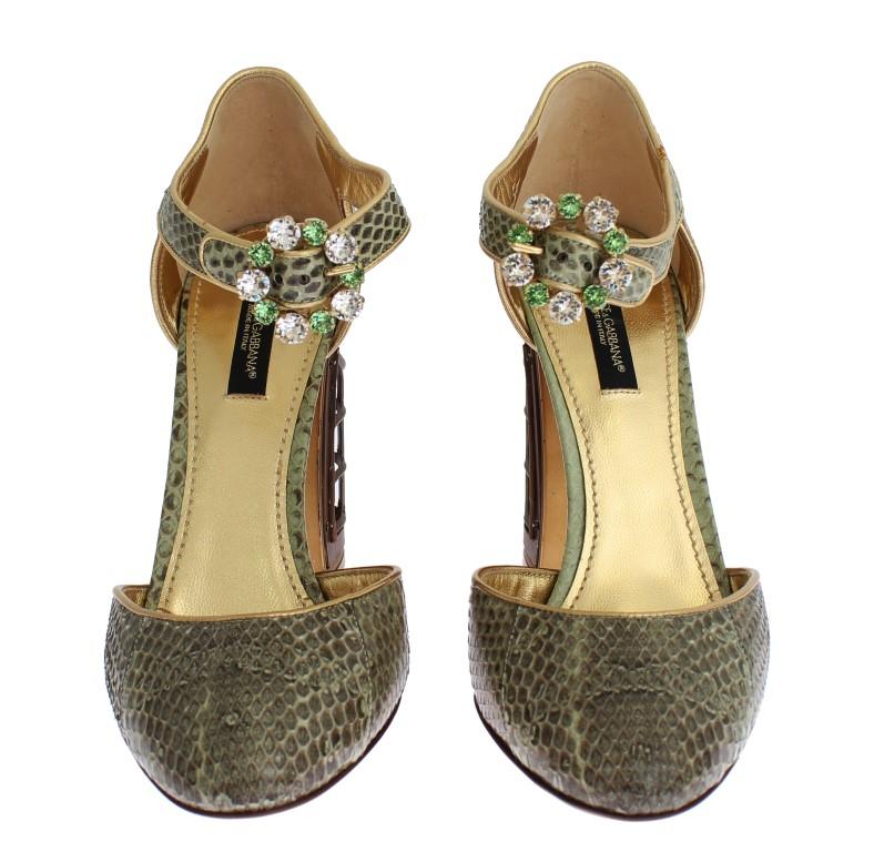 Green Snakeskin Leather Cage Crystal Shoes