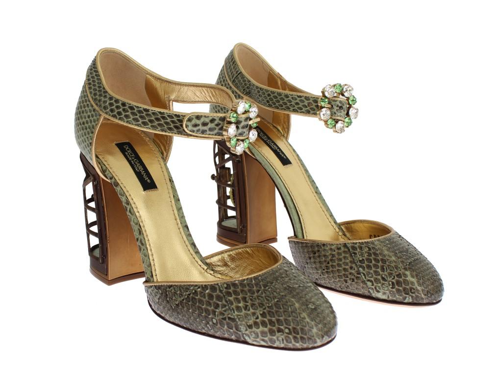 Green Snakeskin Leather Cage Crystal Shoes