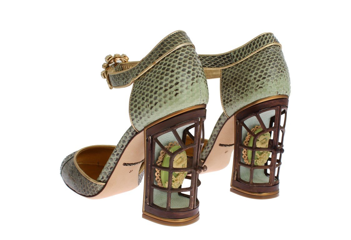 Green Snakeskin Leather Cage Crystal Shoes