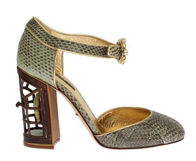 Green Snakeskin Leather Cage Crystal Shoes