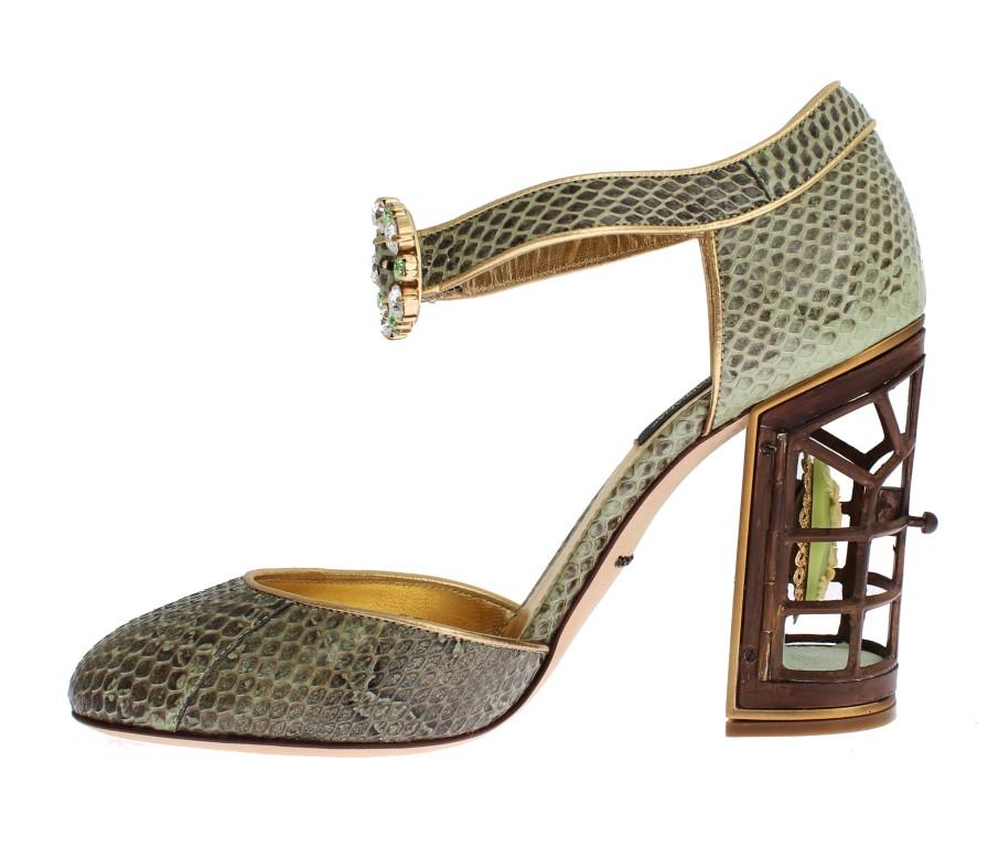 Green Snakeskin Leather Cage Crystal Shoes