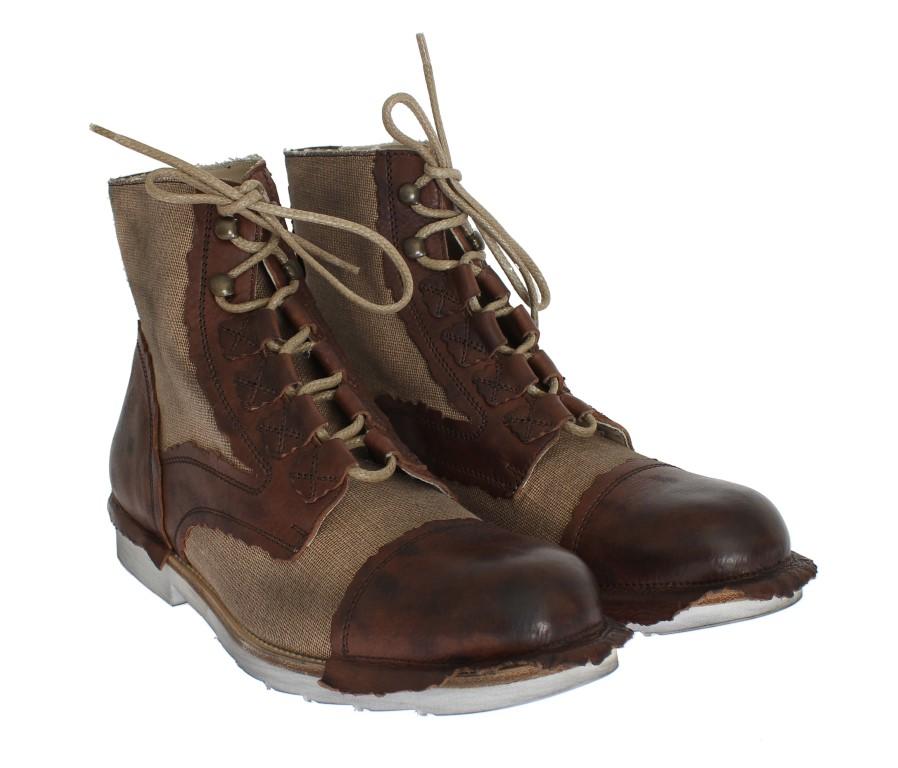 Brown Leather Linen Above Ankle Boots