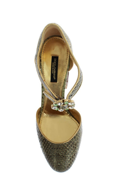 Green Snakeskin Leather Cage Crystal Shoes