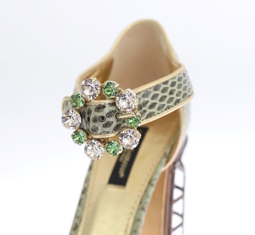 Green Snakeskin Leather Cage Crystal Shoes