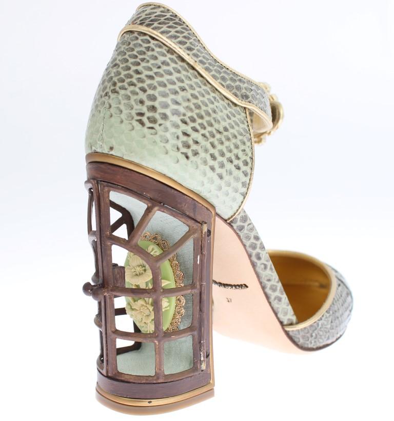 Green Snakeskin Leather Cage Crystal Shoes