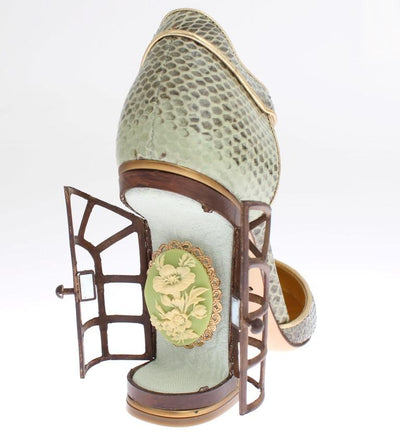 Green Snakeskin Leather Cage Crystal Shoes