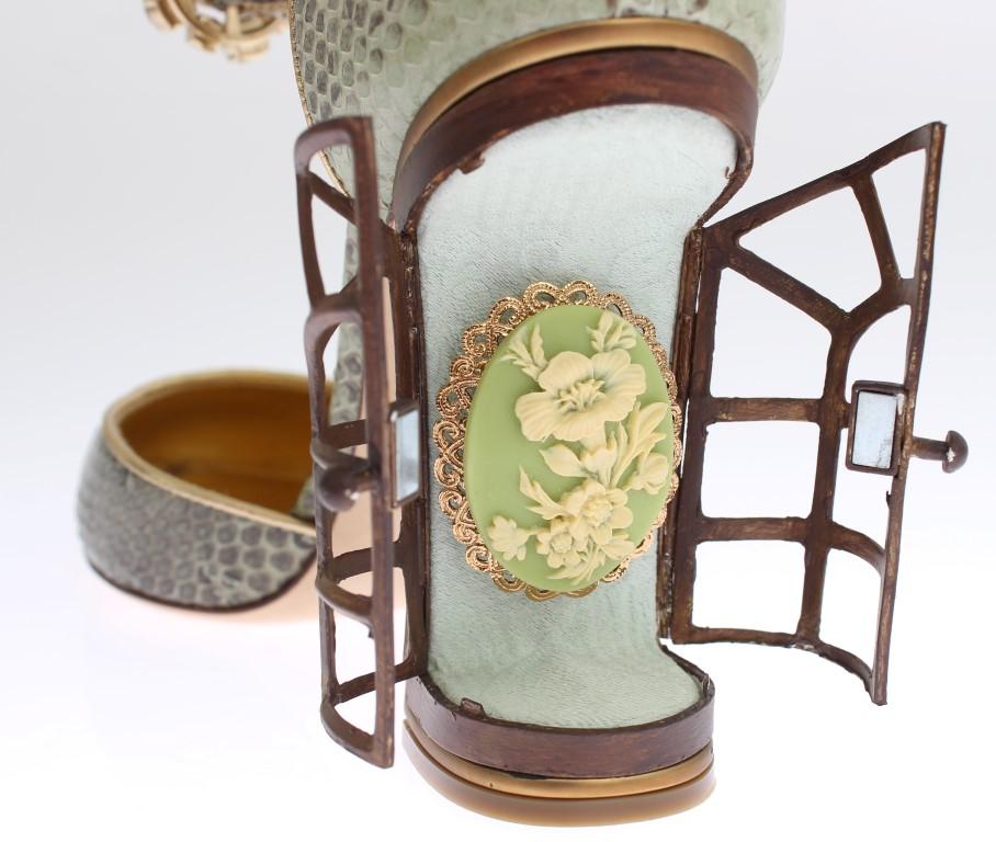Green Snakeskin Leather Cage Crystal Shoes