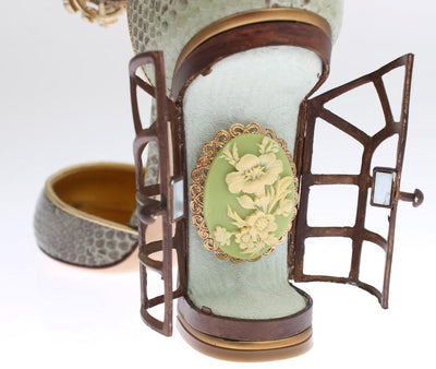 Green Snakeskin Leather Cage Crystal Shoes