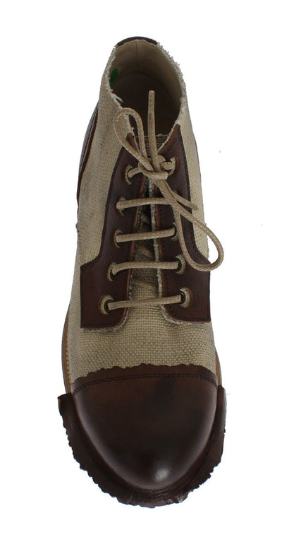 Brown Beige Leather Linen Ankle Boots