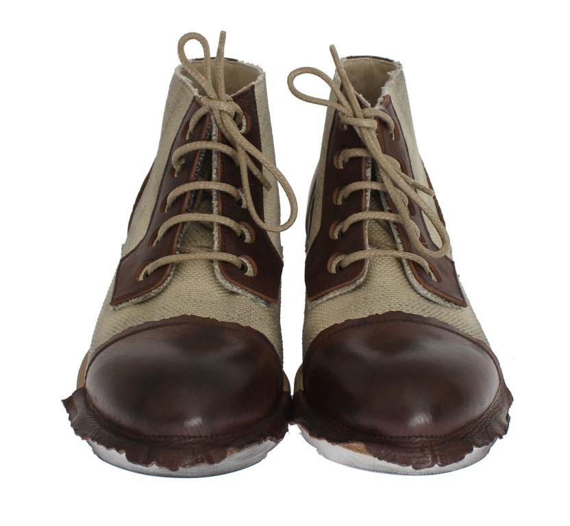 Brown Beige Leather Linen Ankle Boots