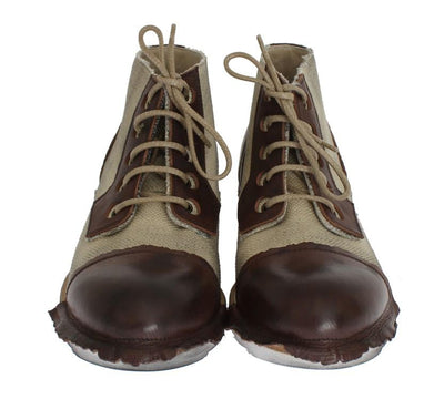 Brown Beige Leather Linen Ankle Boots