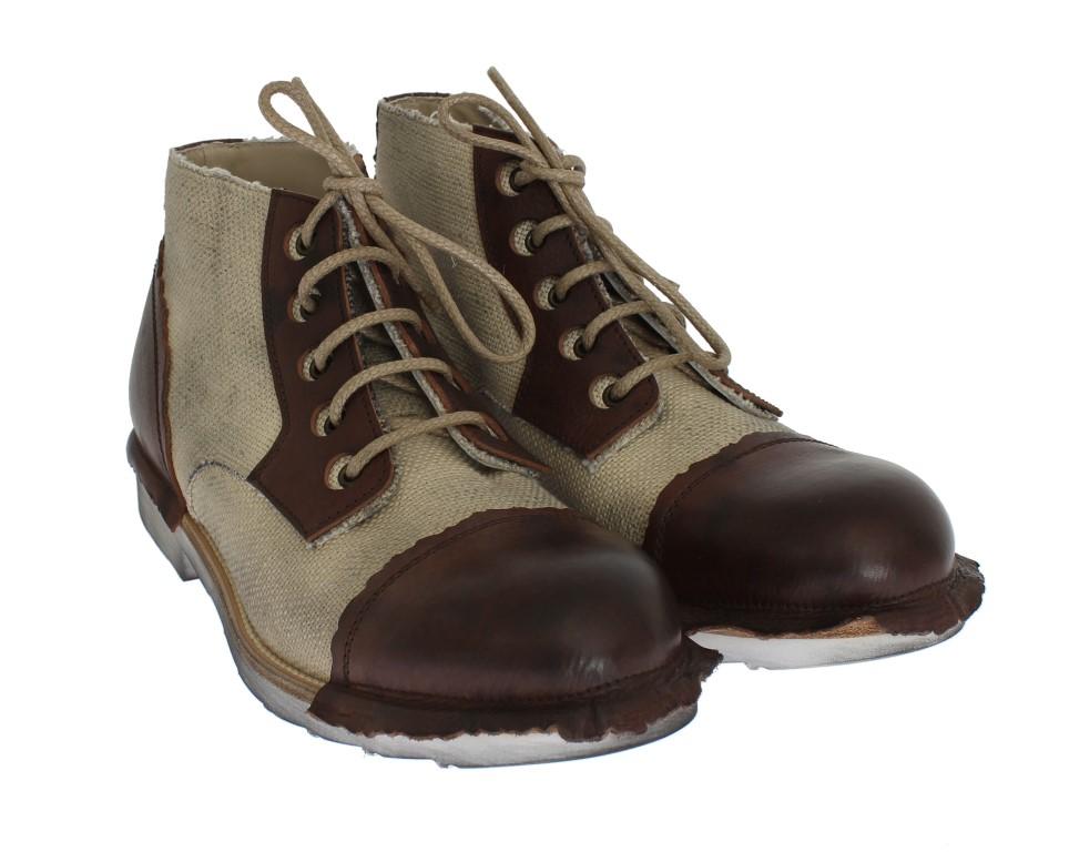 Brown Beige Leather Linen Ankle Boots