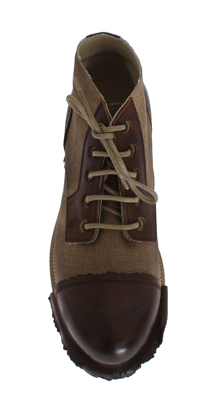 Brown Leather Linen Ankle Boots