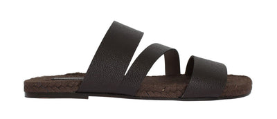 Brown Leather Straw Slides Sandals