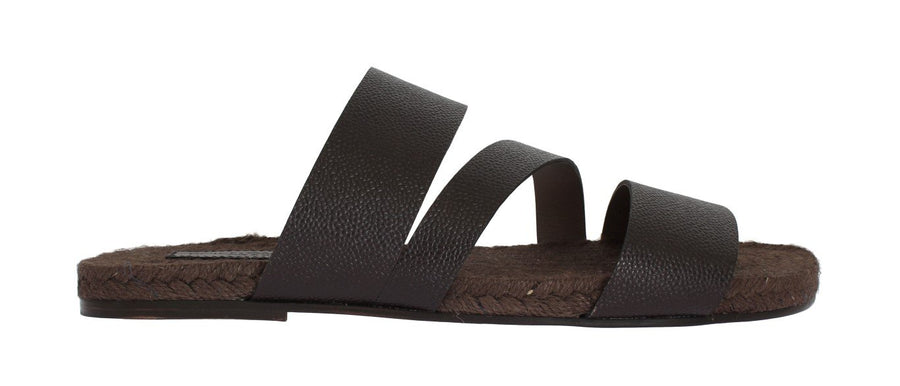 Brown Leather Straw Slides Sandals