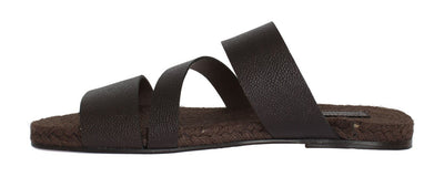 Brown Leather Straw Slides Sandals