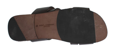 Brown Leather Straw Slides Sandals