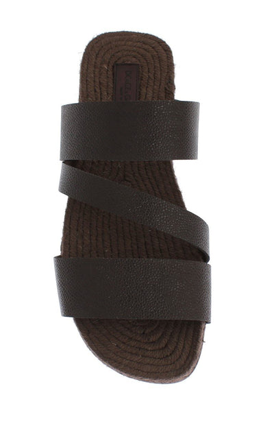 Brown Leather Straw Slides Sandals