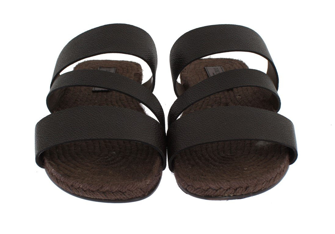 Brown Leather Straw Slides Sandals
