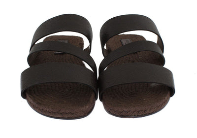 Brown Leather Straw Slides Sandals