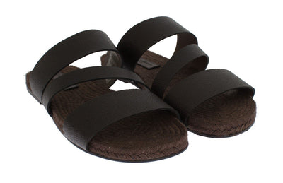 Brown Leather Straw Slides Sandals