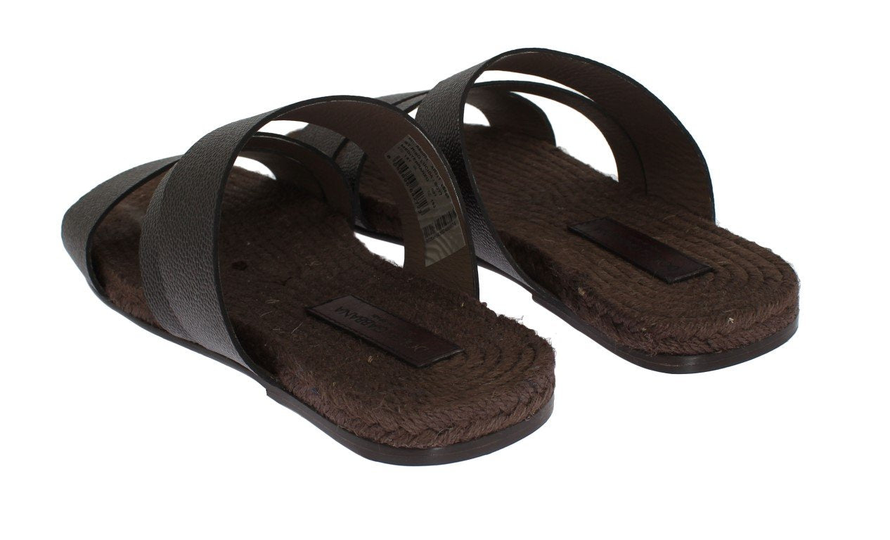 Brown Leather Straw Slides Sandals