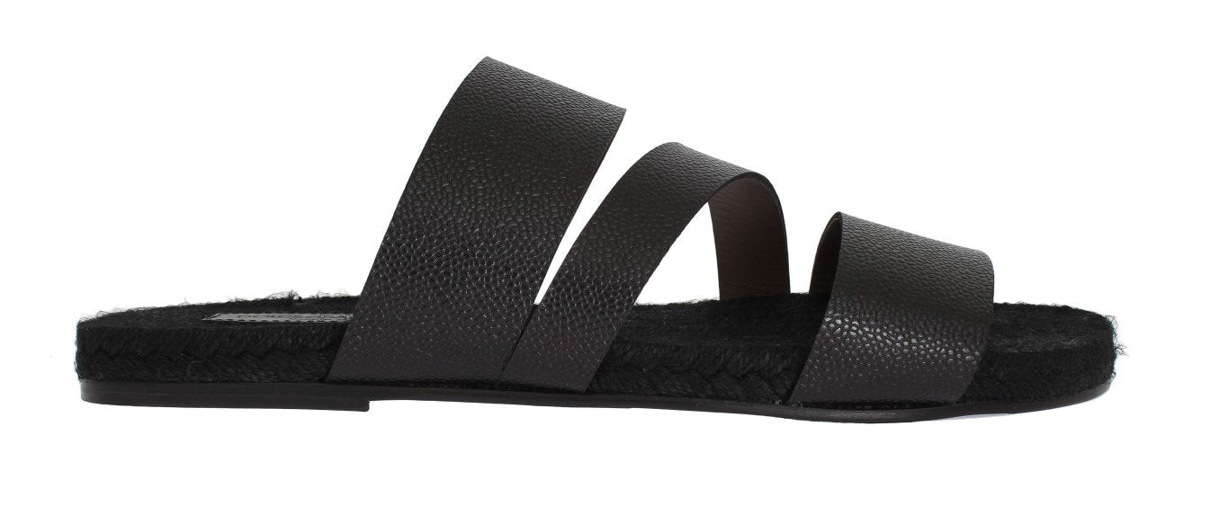 Black Leather Straw Slides Sandals
