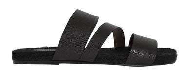 Black Leather Straw Slides Sandals