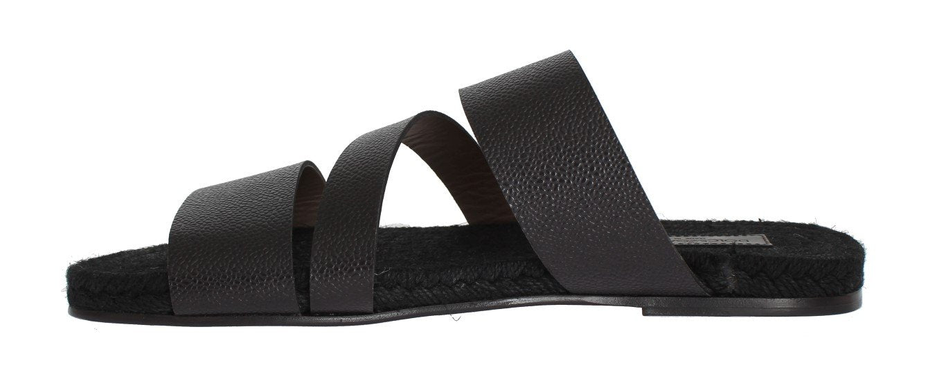 Black Leather Straw Slides Sandals