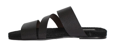 Black Leather Straw Slides Sandals