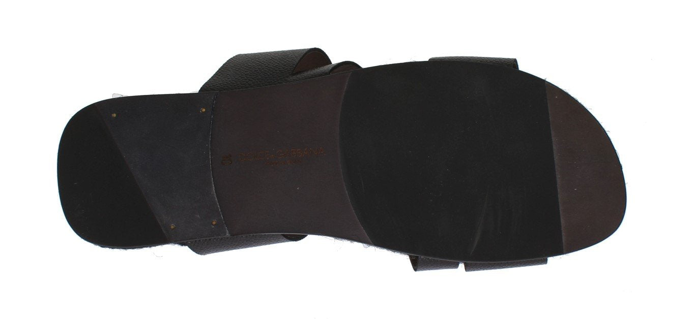 Black Leather Straw Slides Sandals