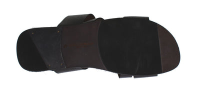 Black Leather Straw Slides Sandals