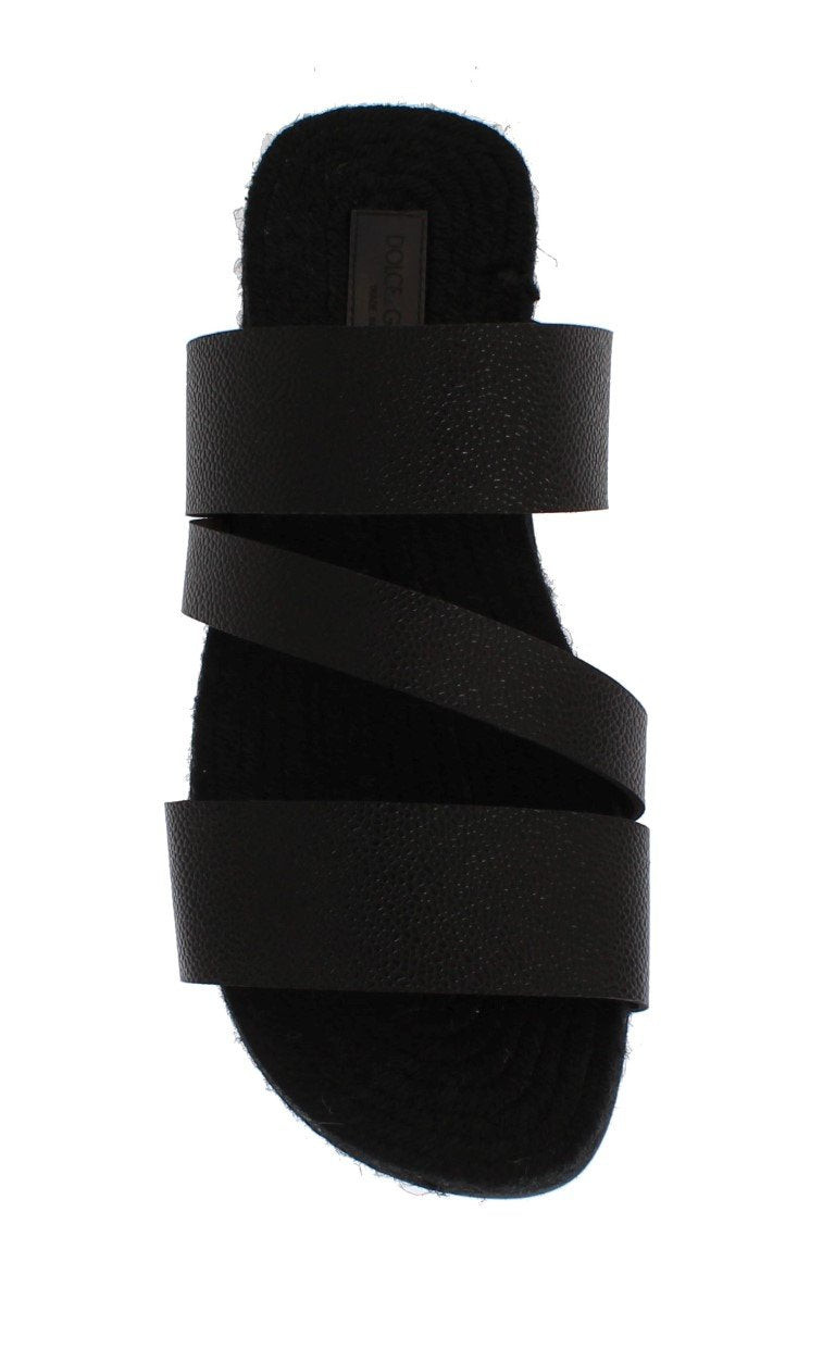 Black Leather Straw Slides Sandals