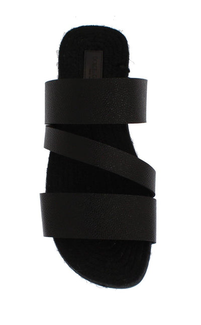 Black Leather Straw Slides Sandals