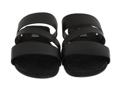 Black Leather Straw Slides Sandals