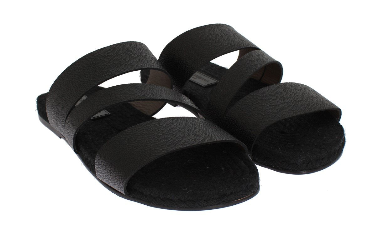Black Leather Straw Slides Sandals