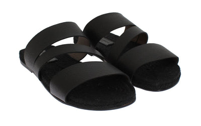 Black Leather Straw Slides Sandals