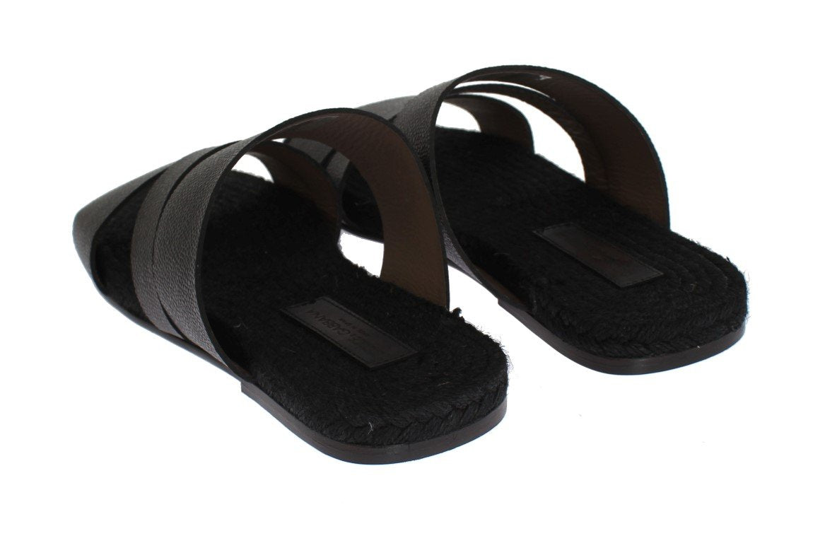 Black Leather Straw Slides Sandals