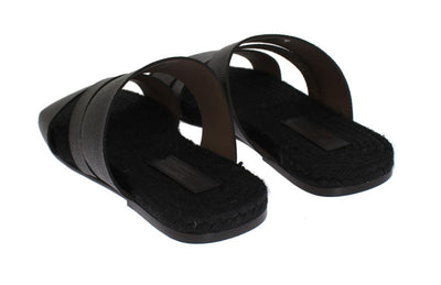 Black Leather Straw Slides Sandals