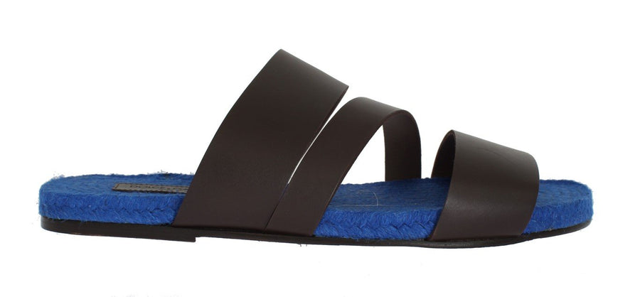 Brown Blue Leather Straw Slides Sandals