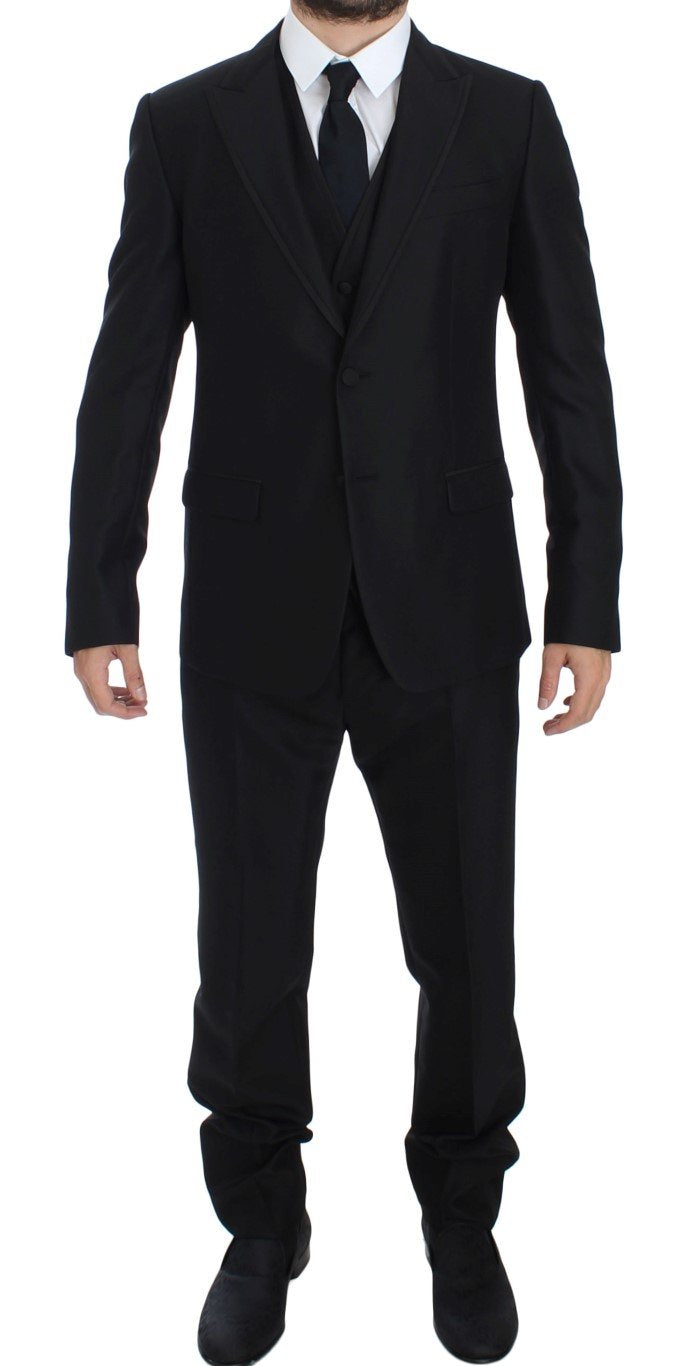 Black Wool Silk Slim 3 Piece Suit Tuxedo