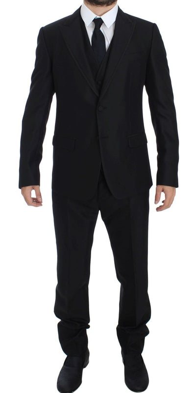 Black Wool Silk Slim 3 Piece Suit Tuxedo
